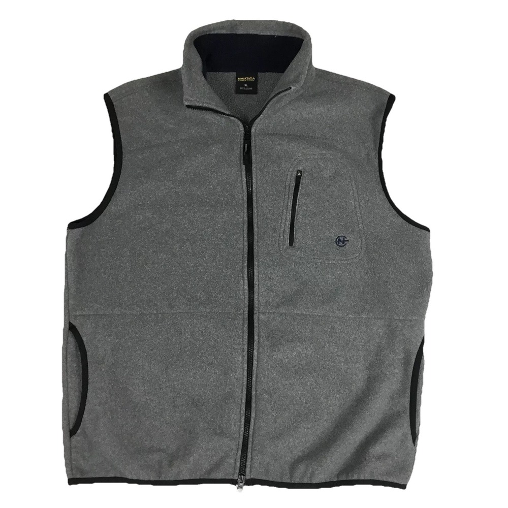 Nautica Competition Men XL Gray Fleece Full Zip Vest Mock Neck Sleeveless Jacket